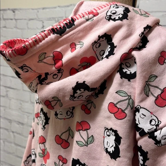 Betty Boop Fleischer Pink Zip Hoodie with Cartoon and Cherry Print front pockets - Picture 4 of 8